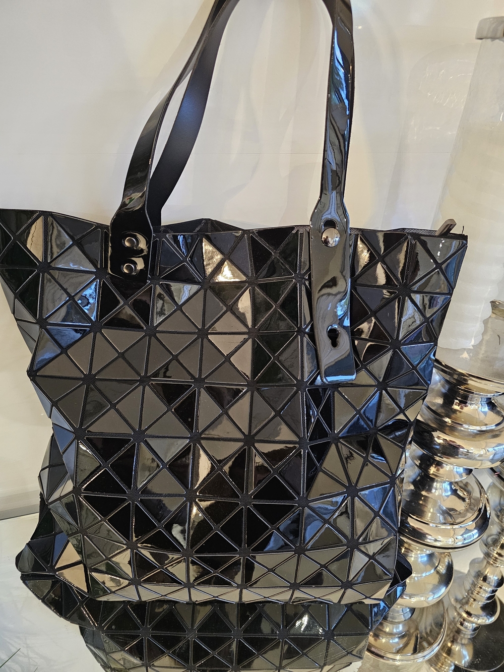 Black Geometric Patent Tote Bag